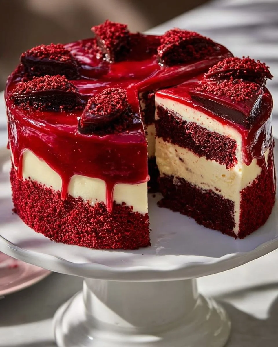 Red Velvet Cheesecake Layer Cake with cream cheese frosting and decorative layers