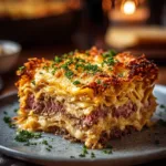 Layered Reuben Bake featuring corned beef, sauerkraut, and Swiss cheese