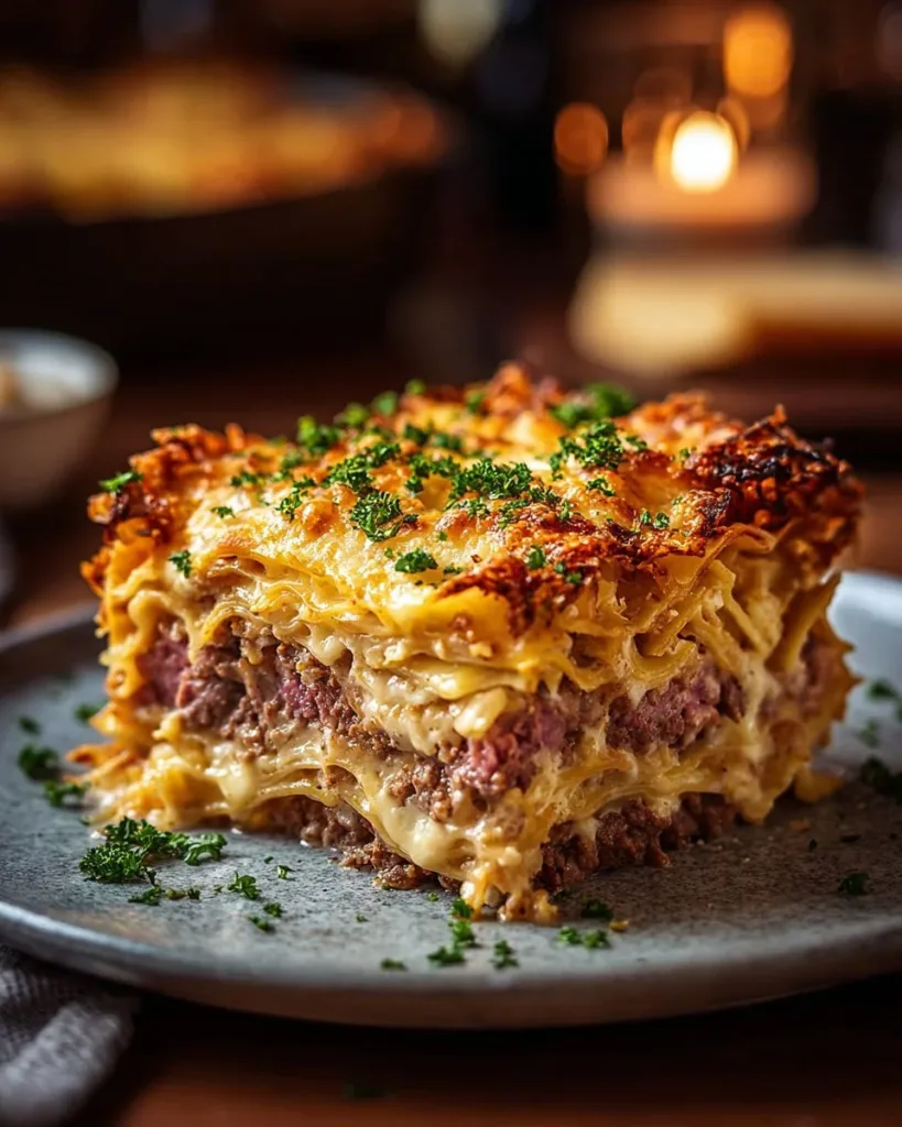 Layered Reuben Bake featuring corned beef, sauerkraut, and Swiss cheese