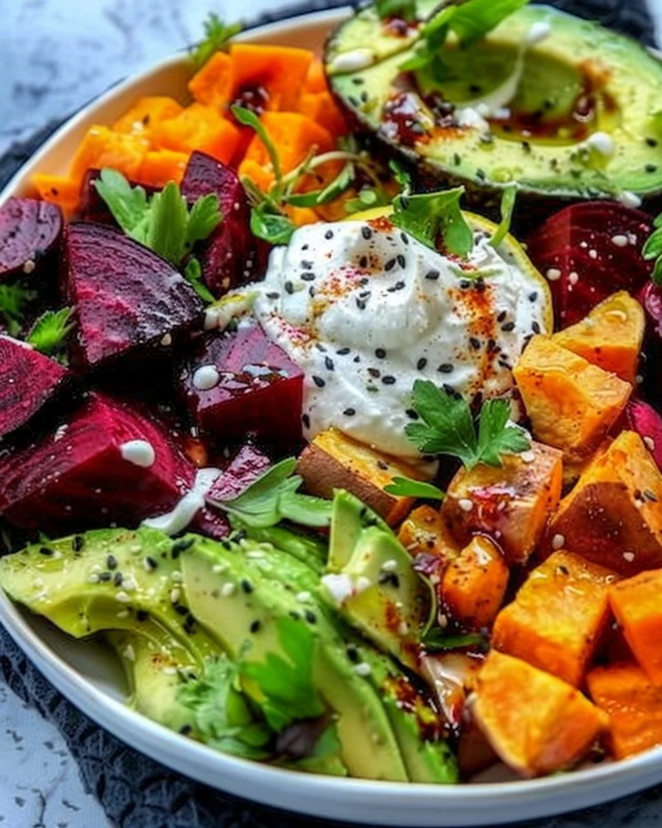 Roasted Beet, Sweet Potato & Avocado Salad with Whipped Ricotta & Lemon-Tahini Drizzle