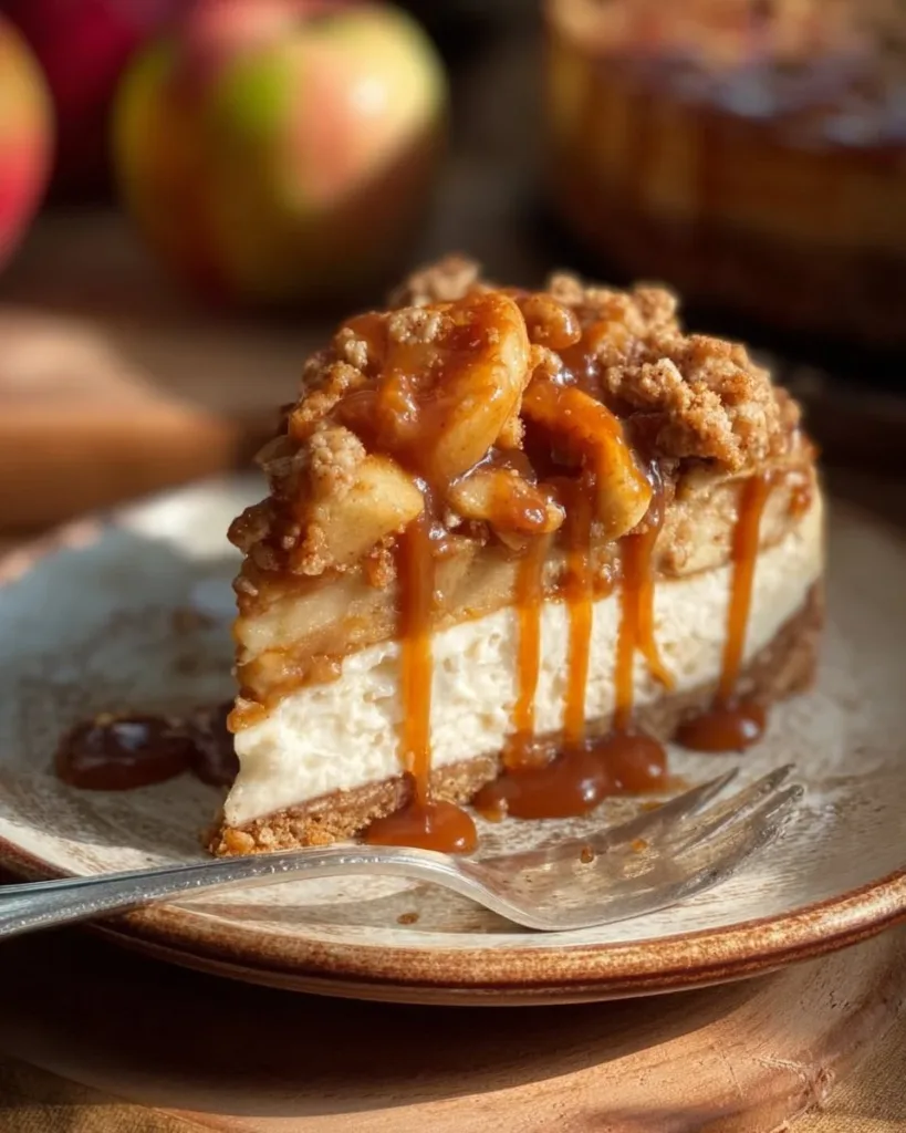 Salted Caramel Apple Pie Cheesecake topped with caramel and cinnamon apples