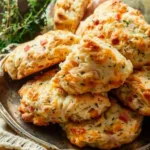 Freshly baked ham and cheese scones on a wooden table