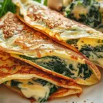 Savory spinach cheese crepes topped with herbs and served on a plate.