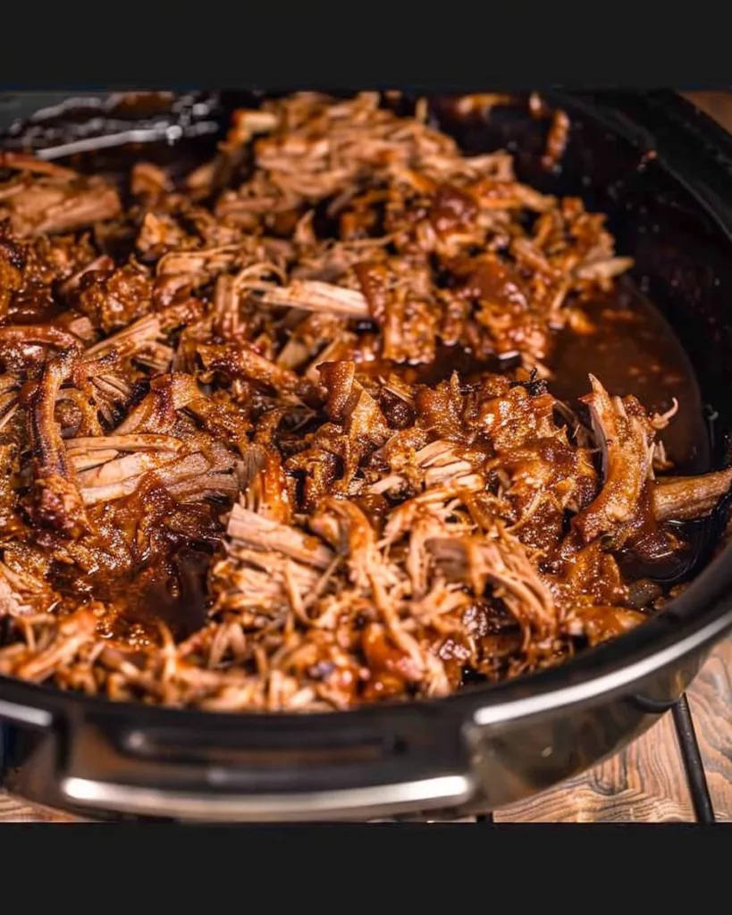 Slow cooker BBQ pulled pork served on a bun with coleslaw