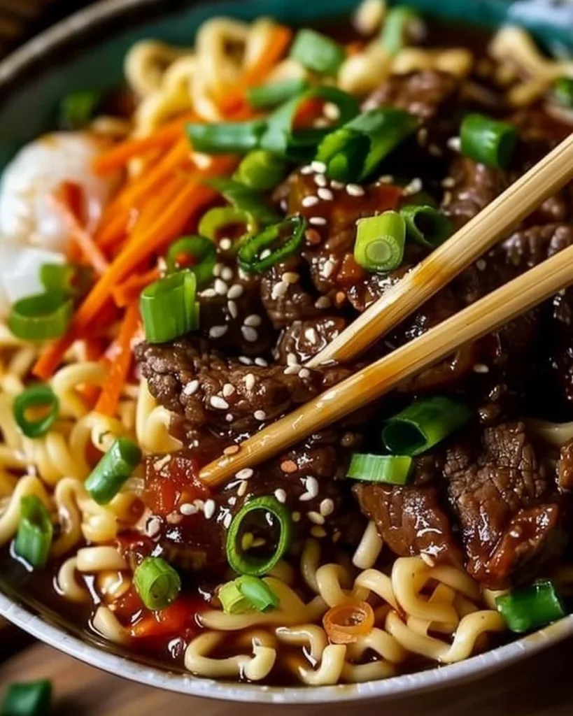 Slow Cooker Beef Ramen Noodles with tender beef and rich broth in a bowl