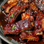 Tender slow cooker ribs glazed in BBQ sauce, served on a plate
