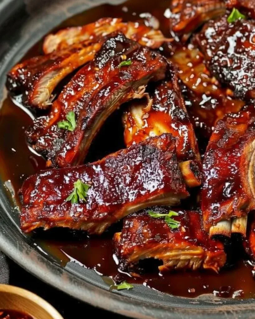 Tender slow cooker ribs glazed in BBQ sauce, served on a plate