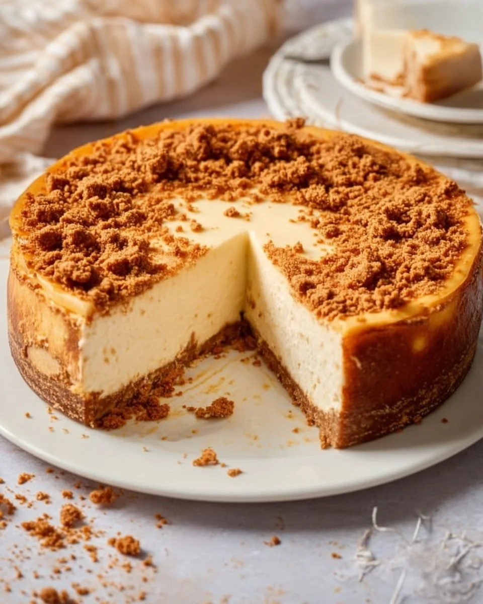 Slice of Speculoos Cheesecake on a plate with cookie crumbs