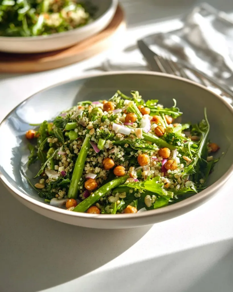 Spring Arugula and Quinoa Salad topped with Lemon Dressing and fresh vegetables