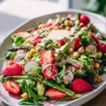 Delicious spring farro salad with fresh vegetables and herbs