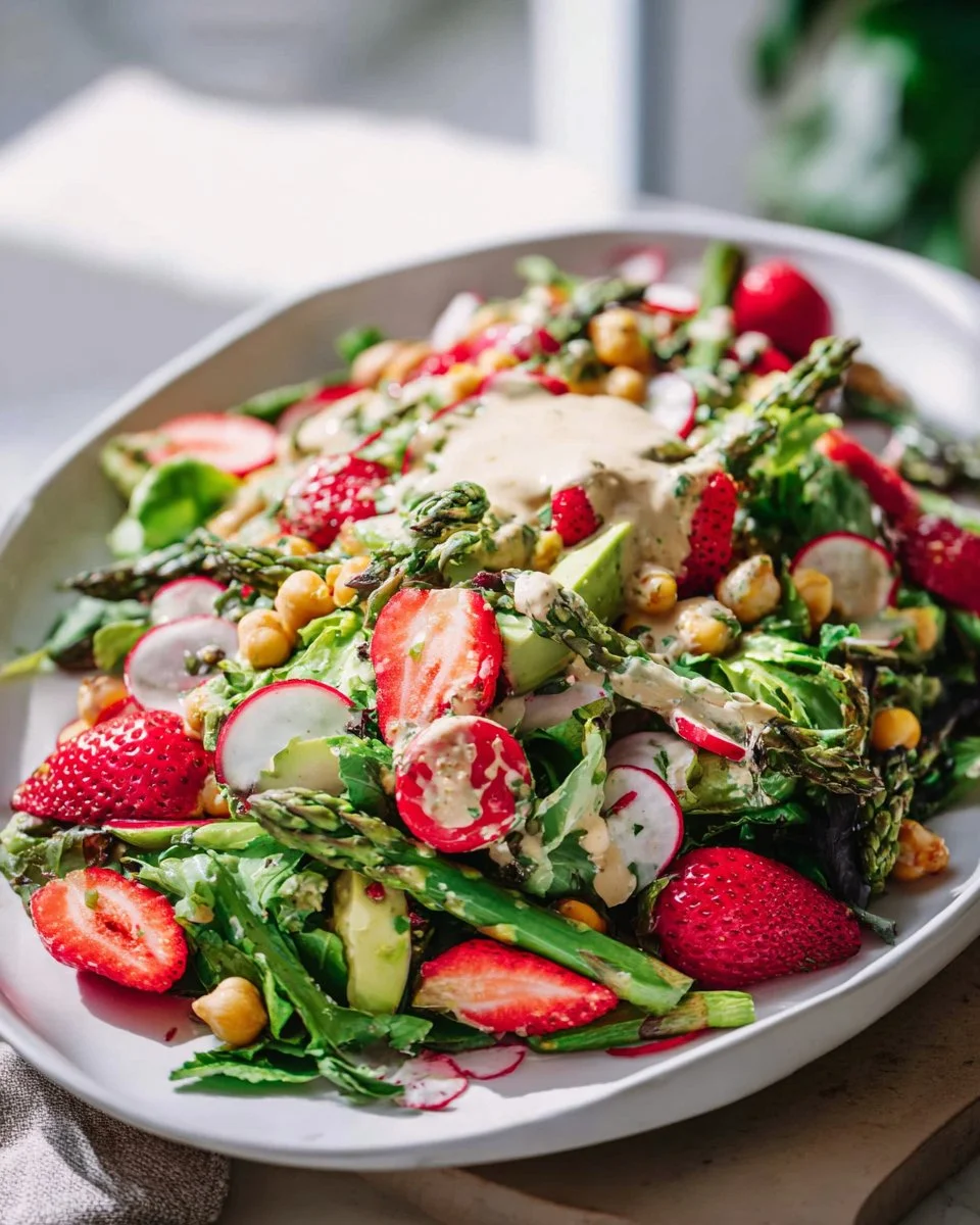 Delicious spring farro salad with fresh vegetables and herbs