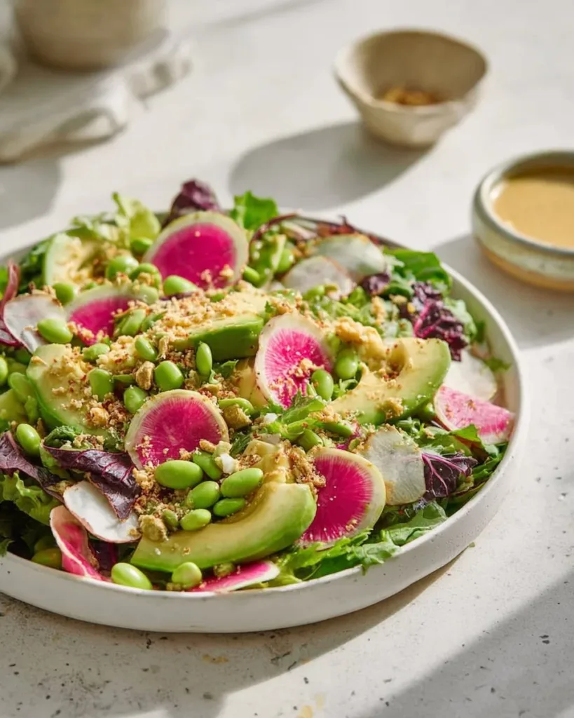 Spring Mix Salad topped with Lemon Baked Tofu for a healthy meal