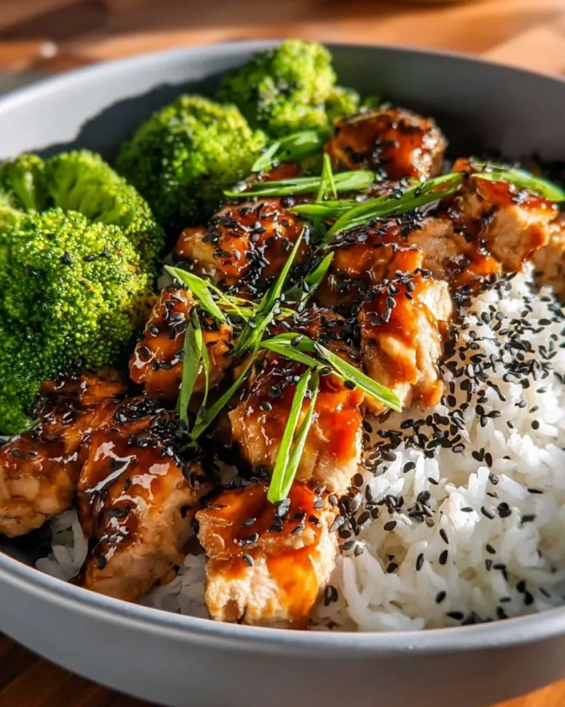 Delicious Sticky Chicken Rice Bowls topped with savory chicken and served with fresh vegetables.