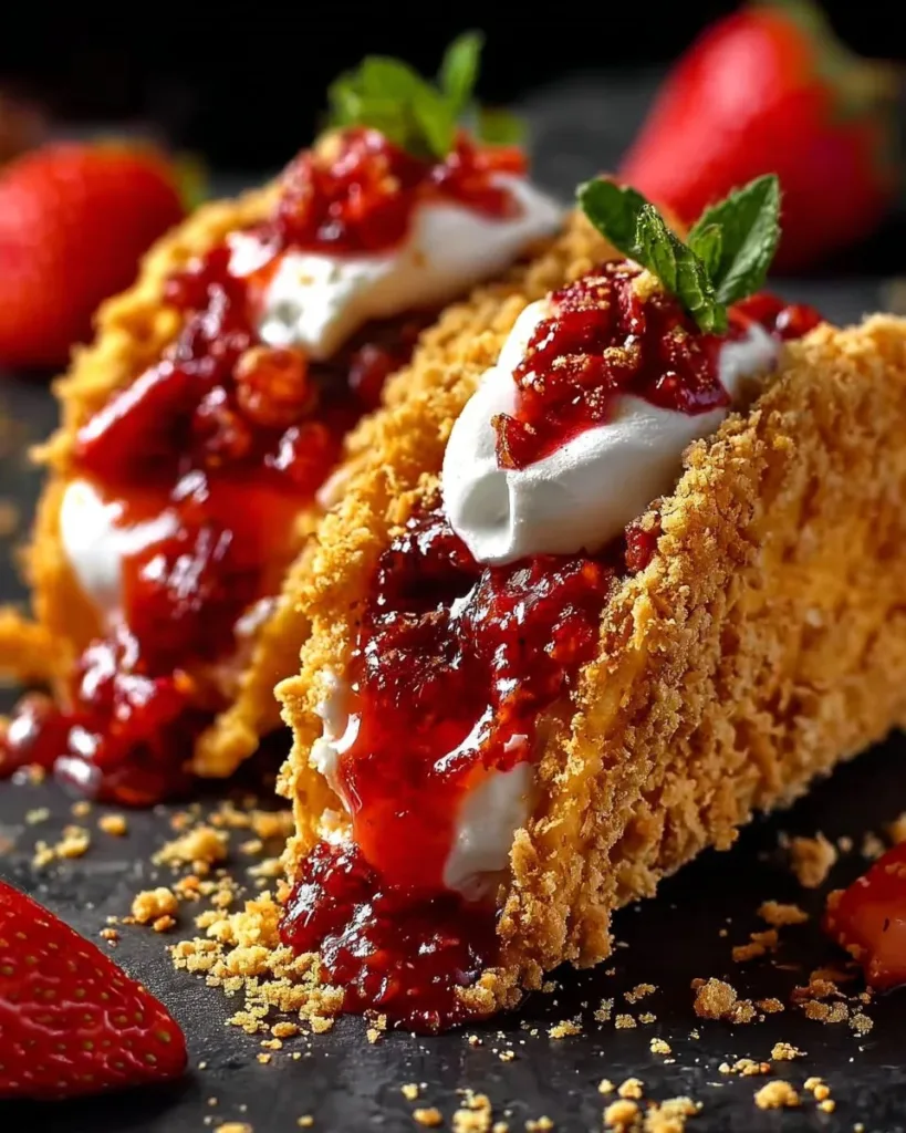 Strawberry Crunch Cheesecake Tacos topped with fresh strawberries and whipped cream