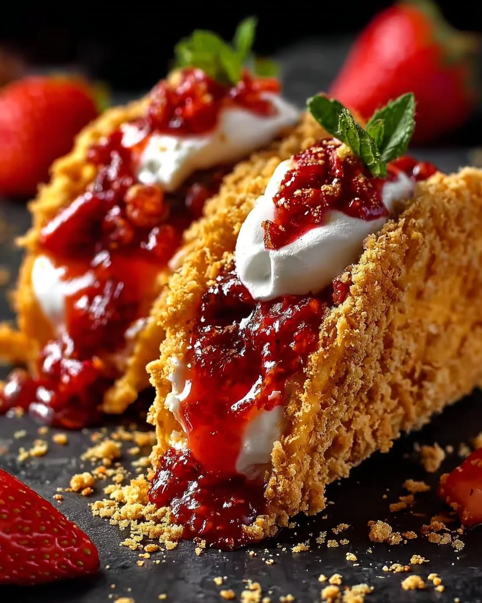 Strawberry Crunch Cheesecake Tacos topped with fresh strawberries and whipped cream