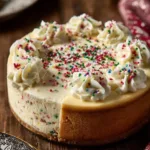 Delicious Sugar Cookie Cheesecake topped with cookie crumbs and whipped cream