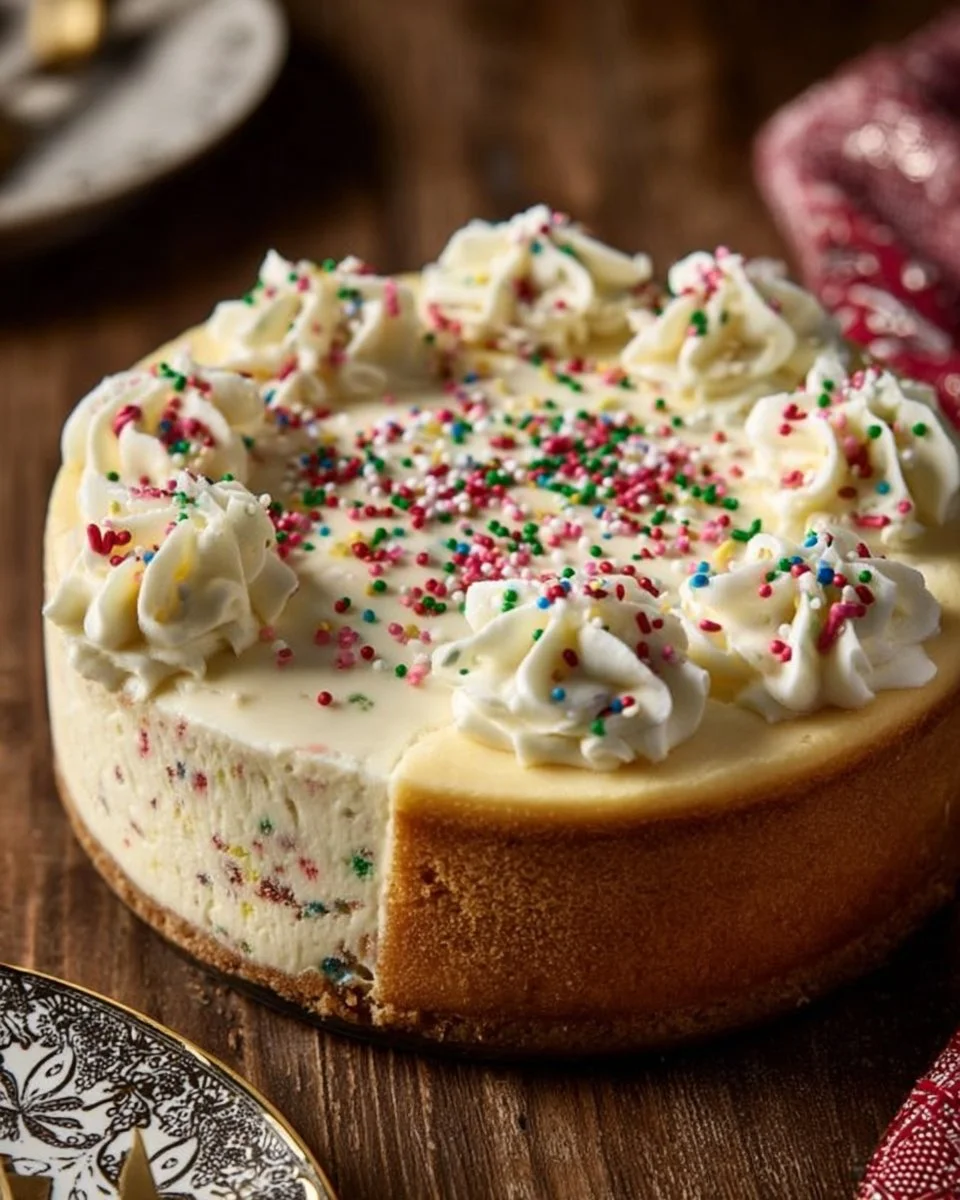 Delicious Sugar Cookie Cheesecake topped with cookie crumbs and whipped cream
