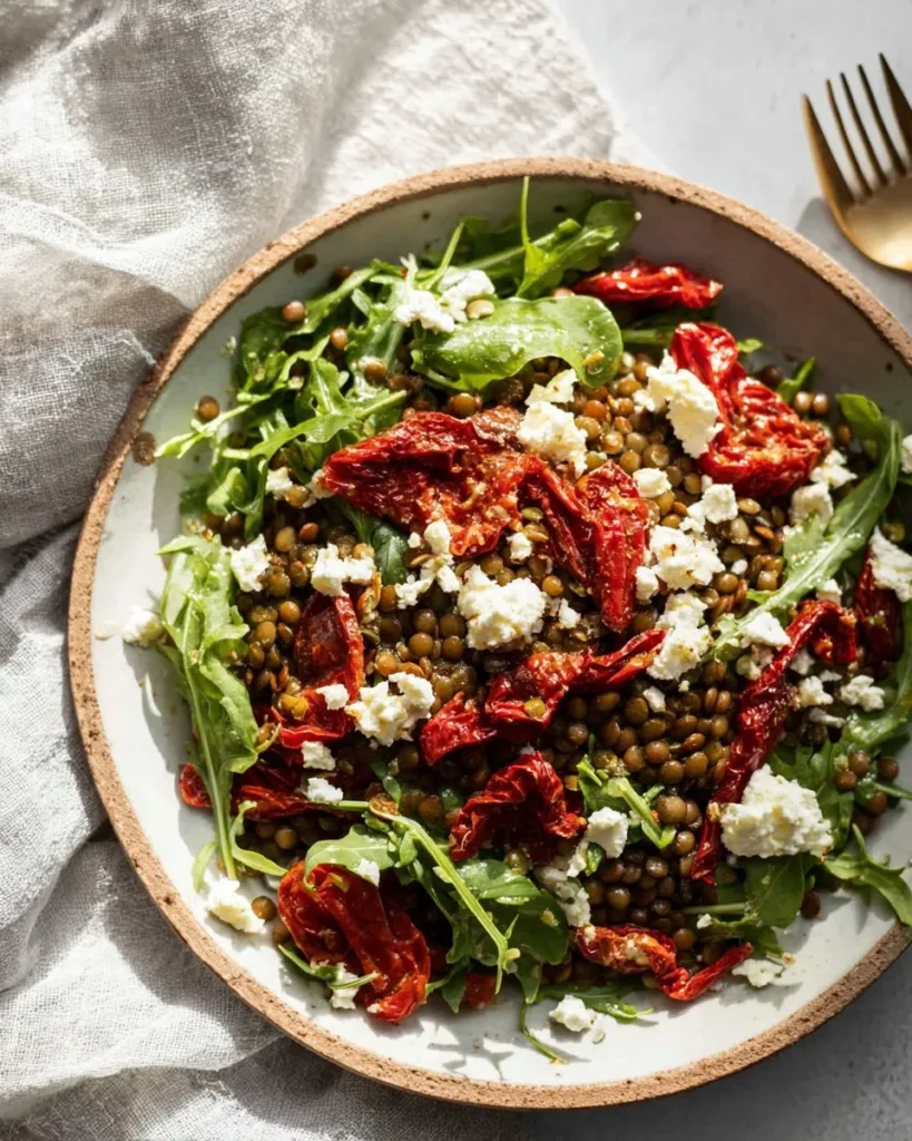 Sun-Dried Tomato and Arugula Lentil Salad with fresh ingredients