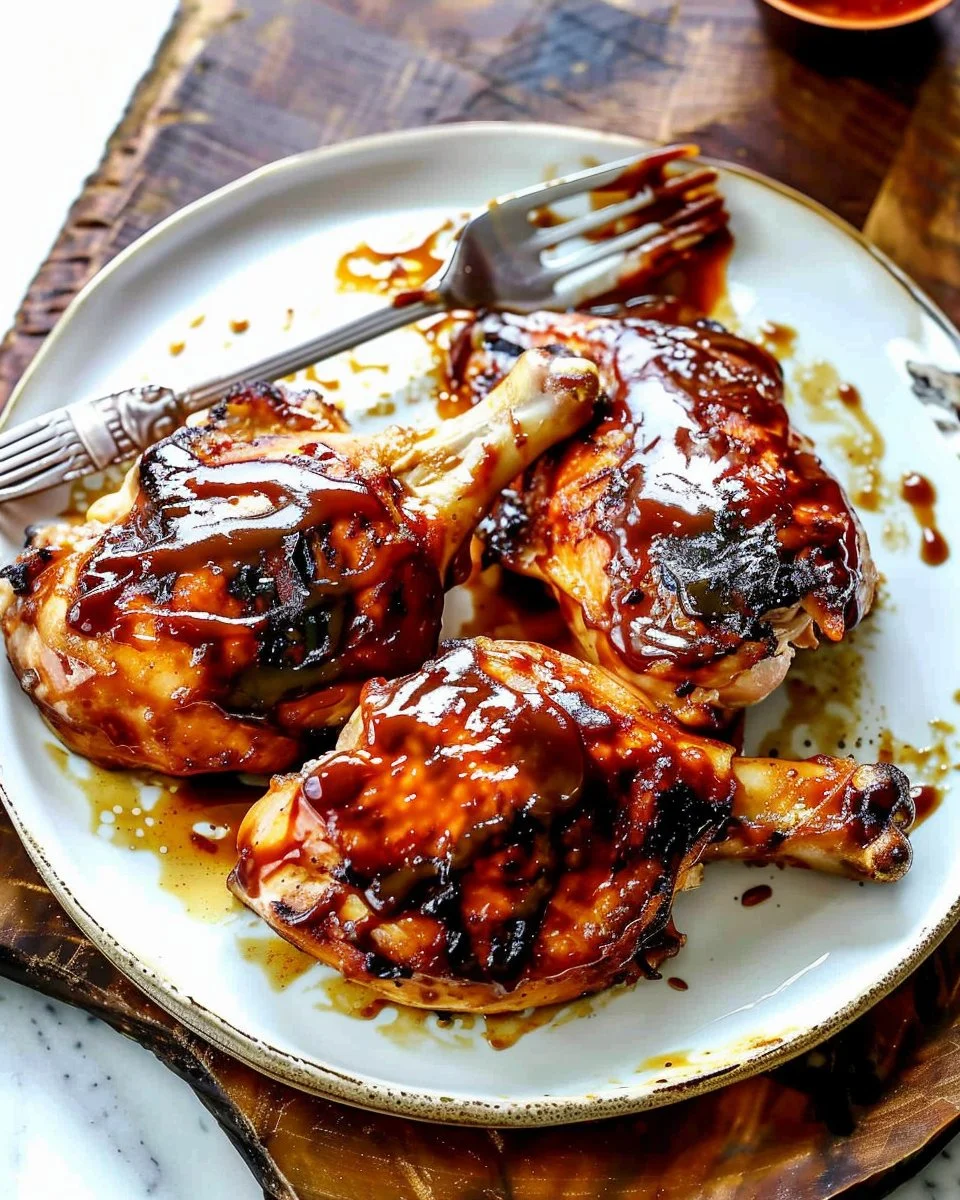 Deliciously grilled BBQ chicken on a platter garnished with herbs.