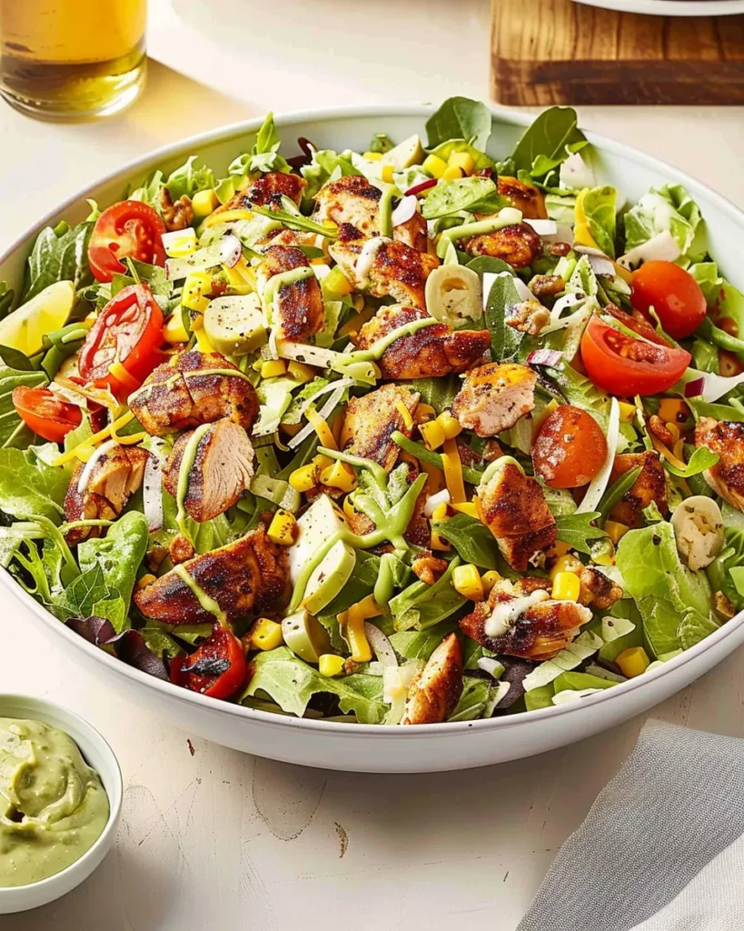 Delicious BBQ chicken salad topped with fresh vegetables and dressing