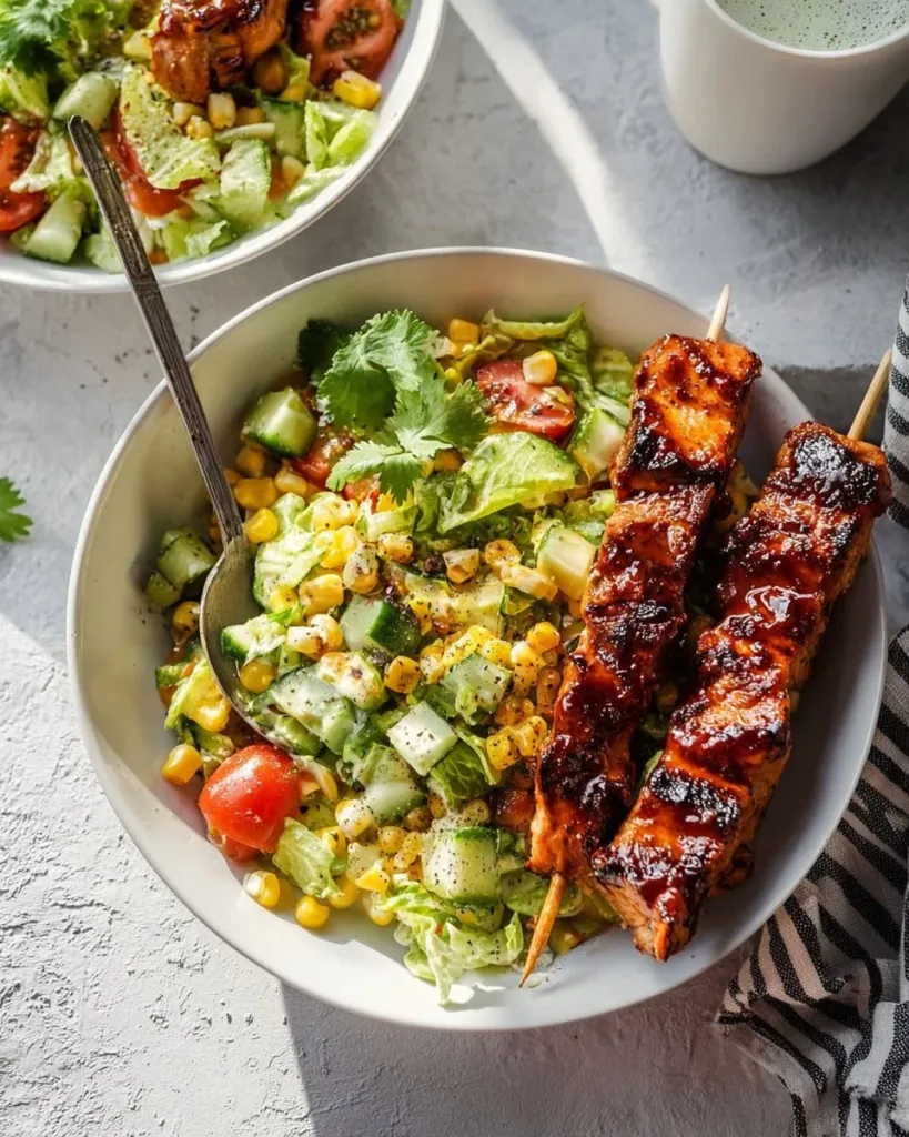 BBQ chicken skewer salad with grilled chicken, fresh greens, and barbecue sauce