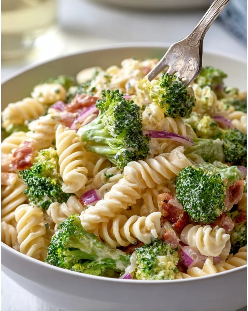A delicious bowl of broccoli pasta salad with colorful vegetables and dressing