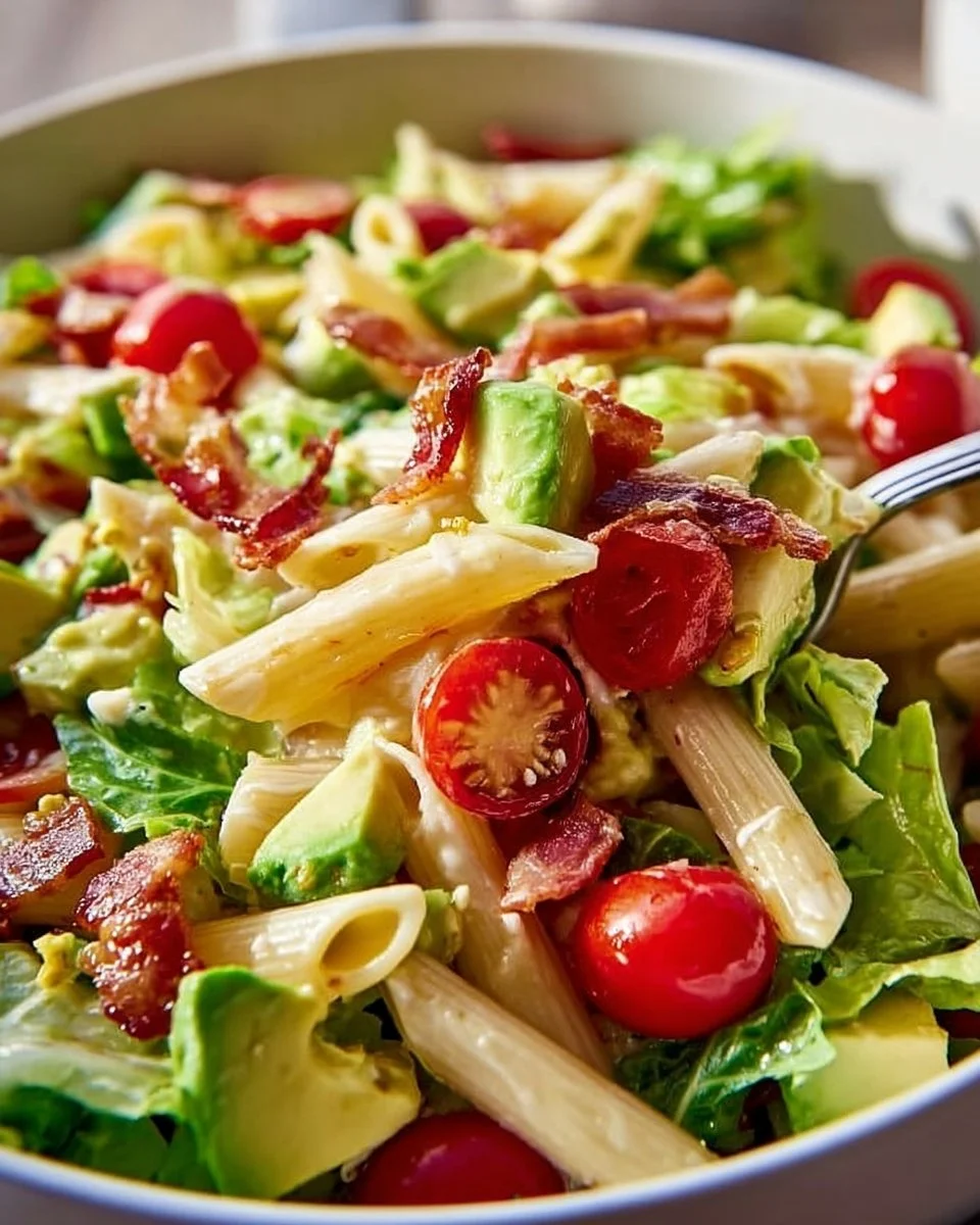 Gluten-free, dairy-free BLT Pasta Salad featuring bacon, lettuce, and tomatoes.