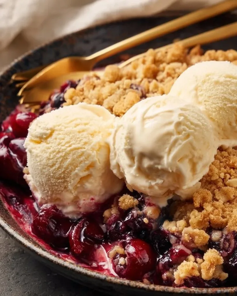 Delicious cherry crisp dessert topped with golden brown crumble and fresh cherries