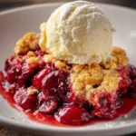 Delicious cherry dump cake served in a dish, topped with whipped cream.