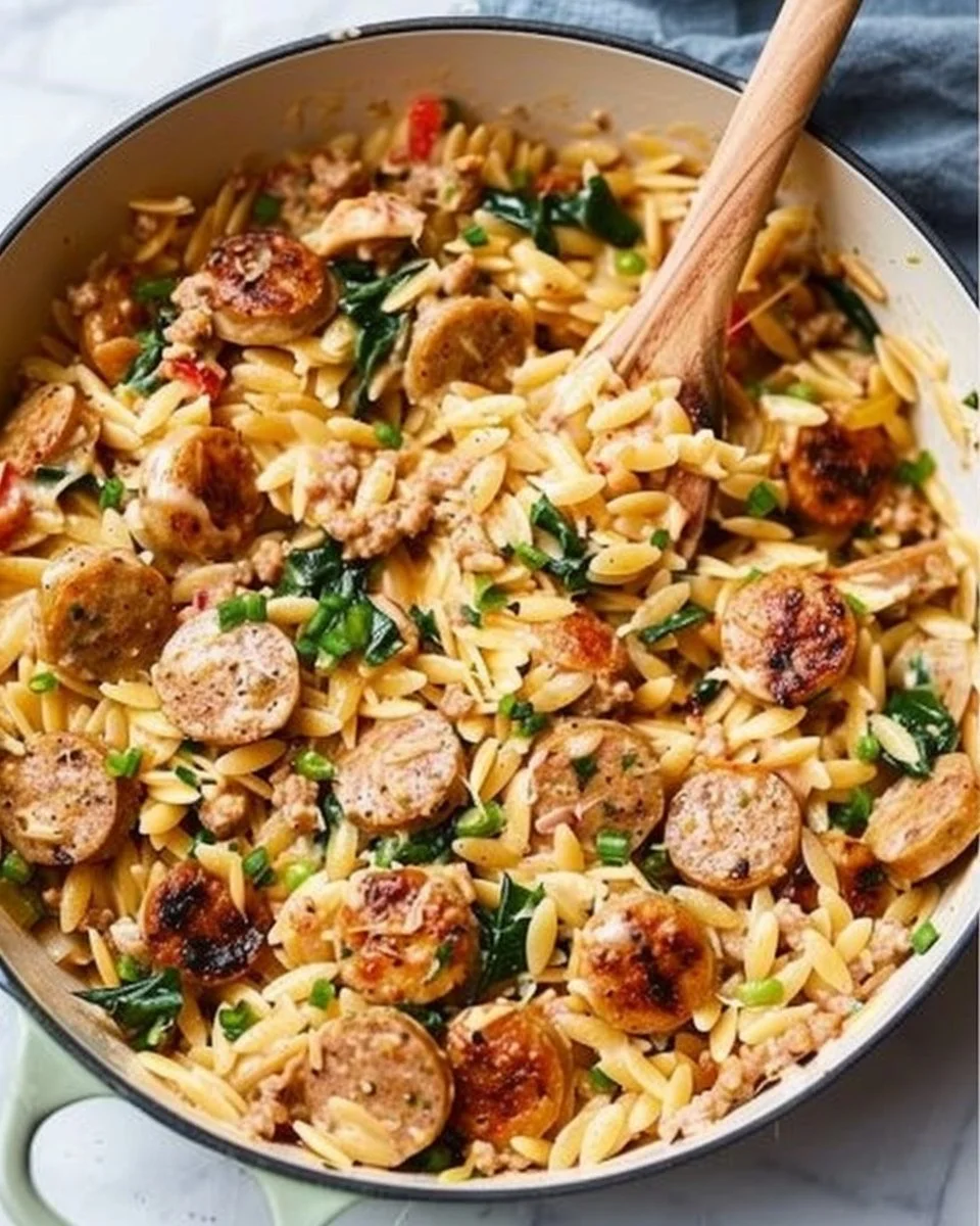 Creamy chicken sausage orzo in a one-pan meal, ready to serve.