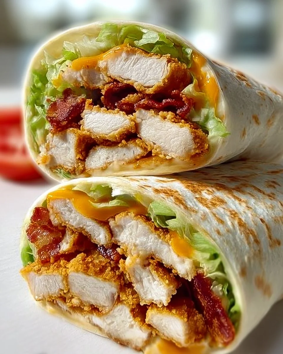Crispy Chicken Bacon Ranch Wrap with fresh ingredients and ranch dressing