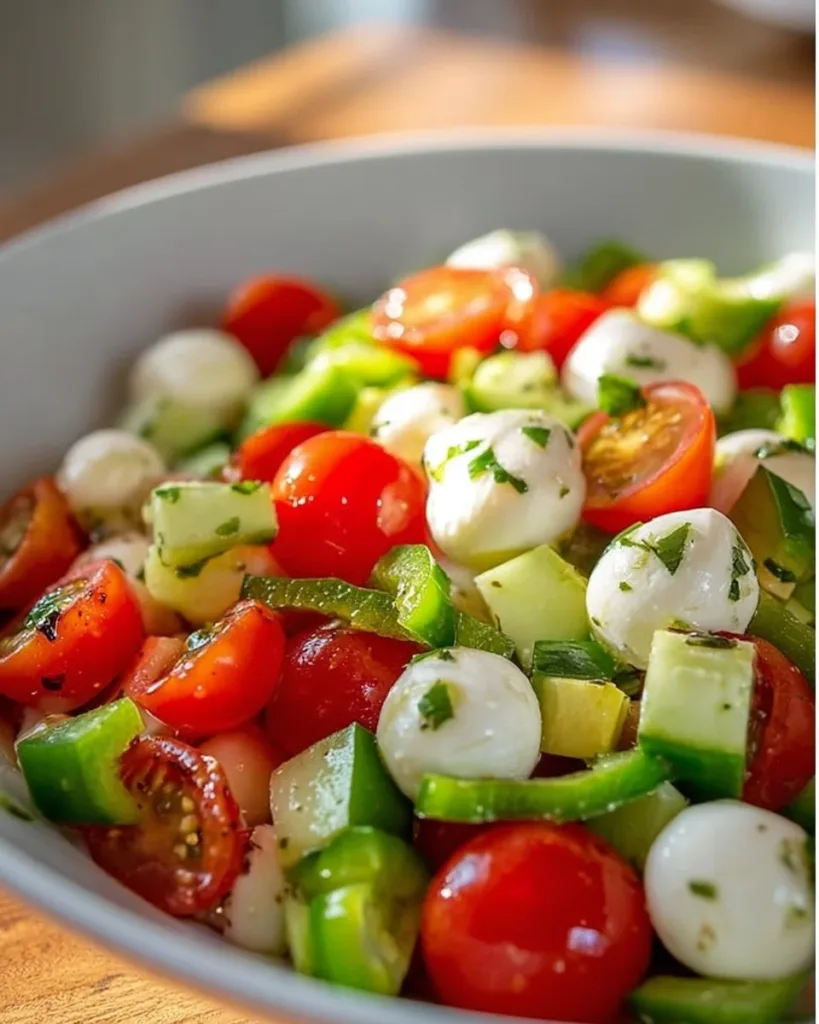 Bowl of Cucumber Mozzarella Salad with fresh ingredients