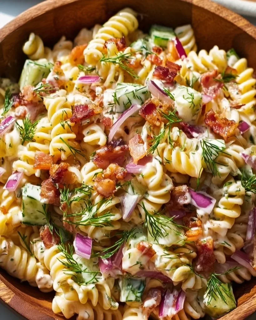 Bowl of Dill Pickle Bacon Pasta Salad with fresh ingredients and a delicious mix of flavors.