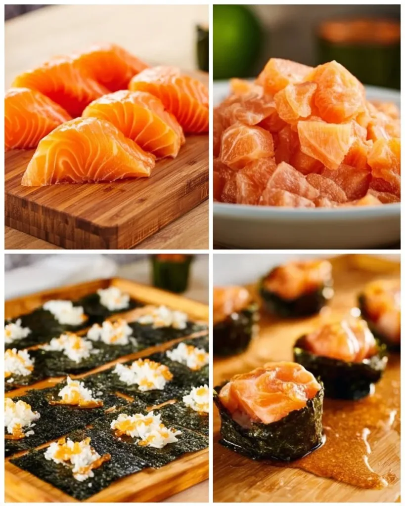 Baked salmon sushi cups served on a plate, garnished with green onions and sesame seeds.