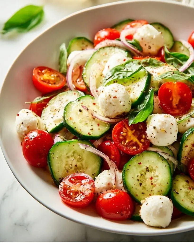 Easy Cucumber Caprese Salad with fresh ingredients and vibrant colors