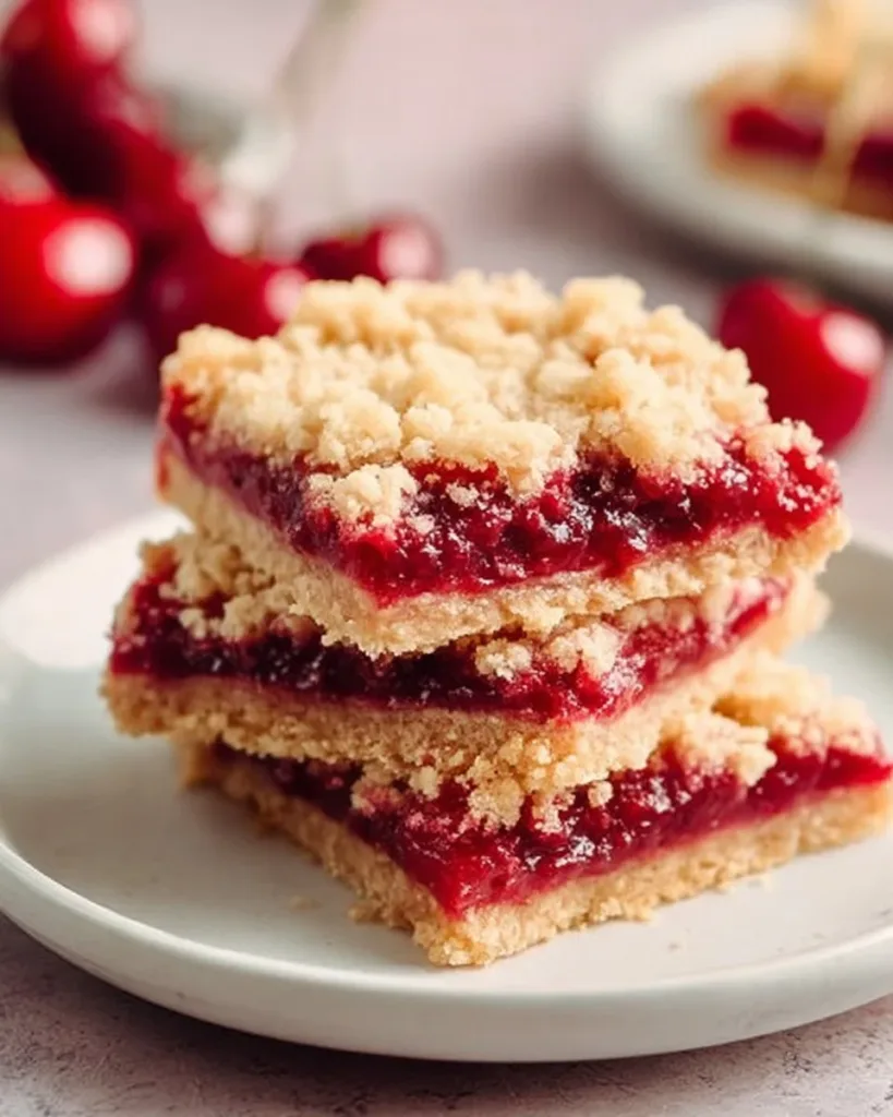 Delicious homemade cherry crumble bars ready to serve on a plate.