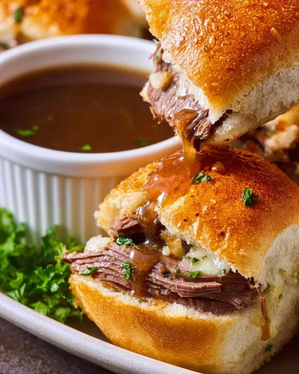 Delicious French Dip Sliders served with au jus.