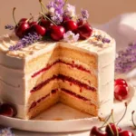 Delicious homemade fresh cherry cake topped with cherry garnish