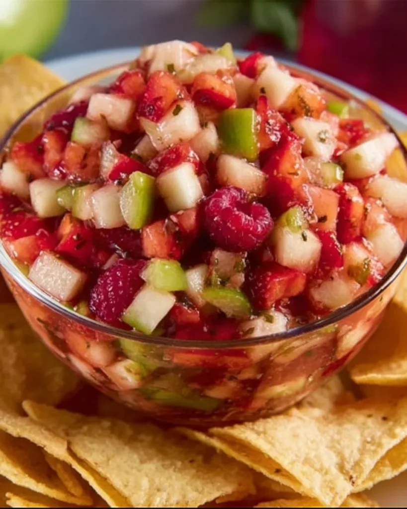 Fruit Salsa with Cinnamon Sugar Tortilla Chips served in a bowl