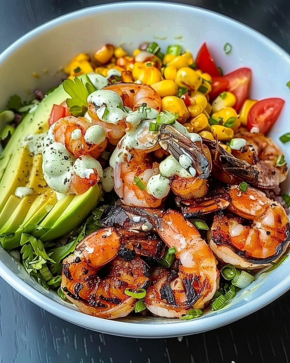 Grilled Shrimp Bowl with Avocado, Corn Salsa & Creamy Garlic Sauce