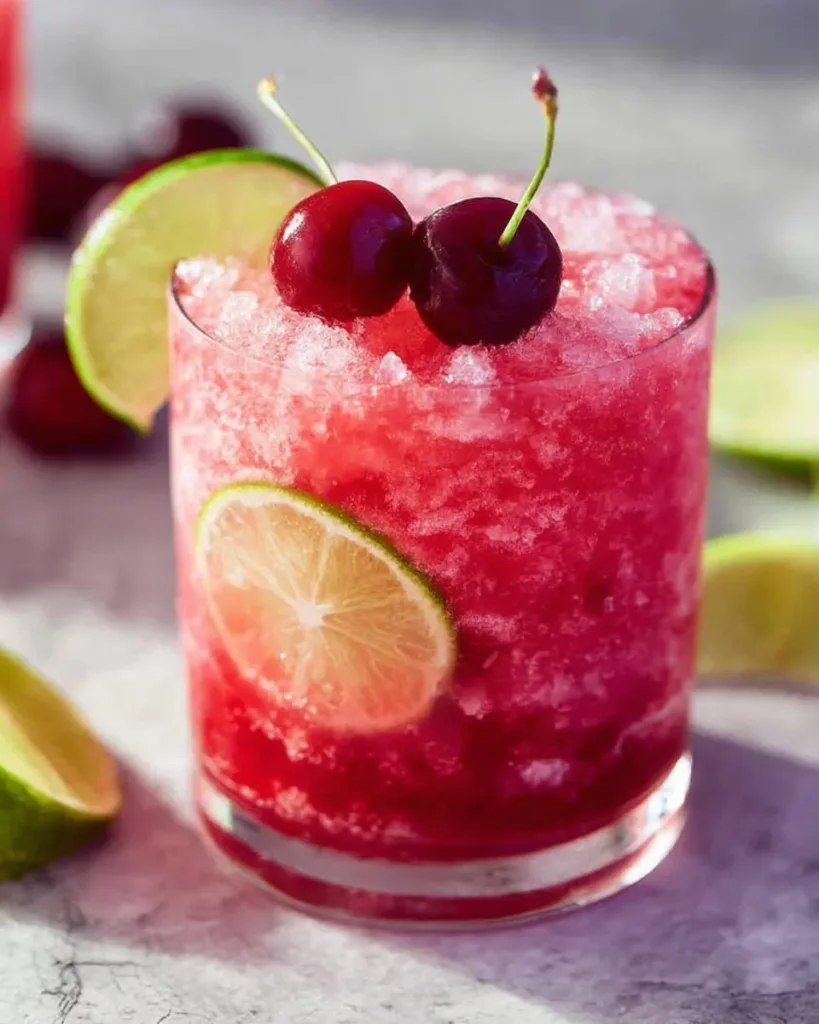 Delicious honey sweetened fresh cherry limeade beverage in a glass