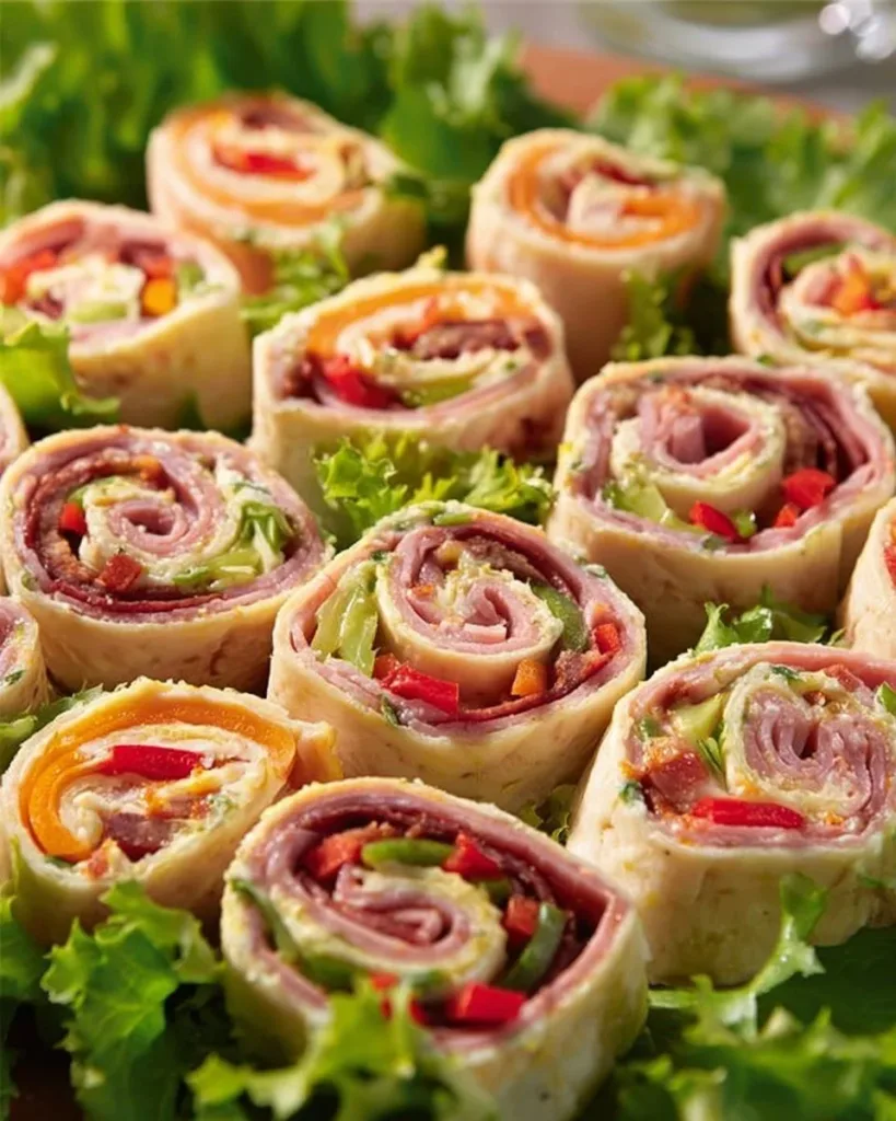 Plate of colorful Italian Pinwheels with fresh ingredients and herbs