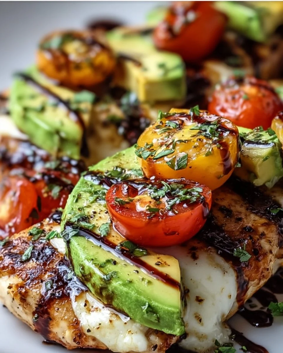 Juicy grilled California avocado chicken served on a plate with fresh herbs
