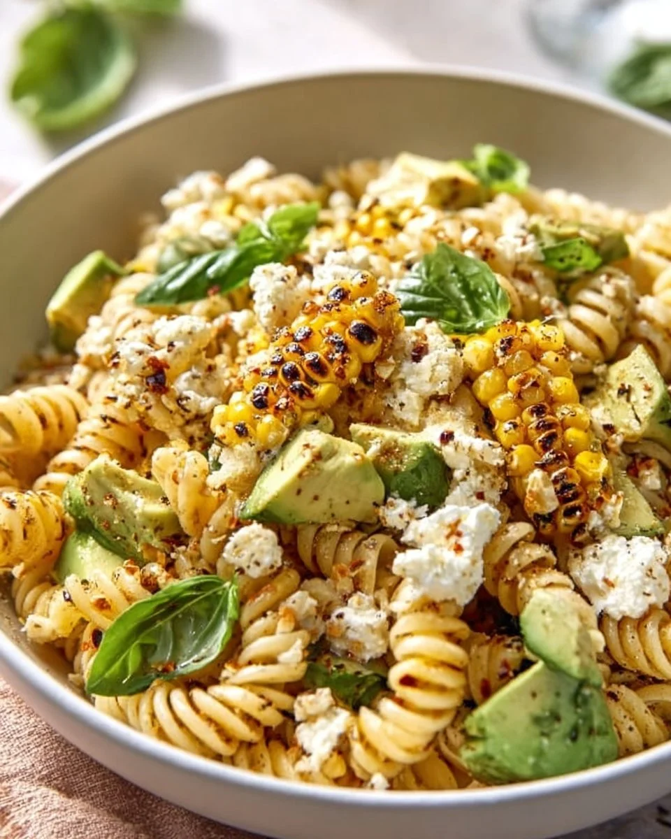 Juicy street corn pasta salad with tomatoes and cilantro