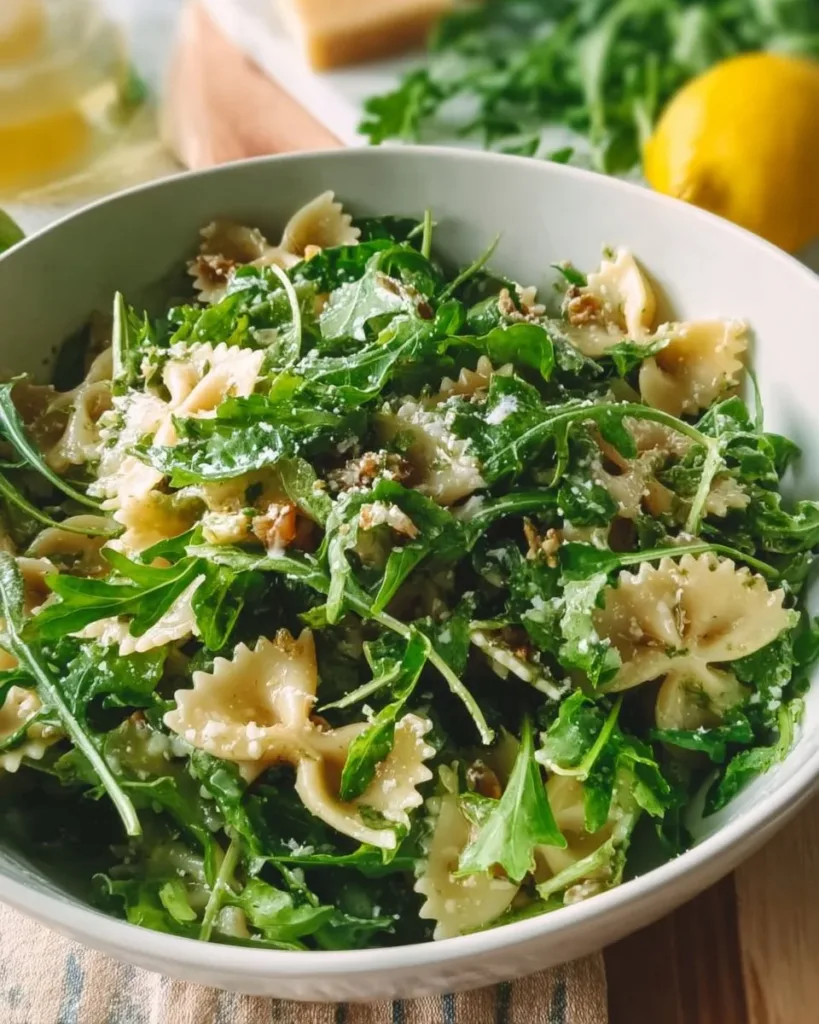 Delicious Lemon Arugula Pasta Salad with fresh greens and lemon dressing.