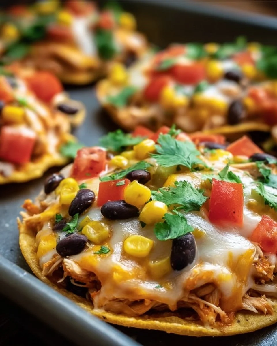 Mexican rotisserie chicken tostadas topped with fresh ingredients