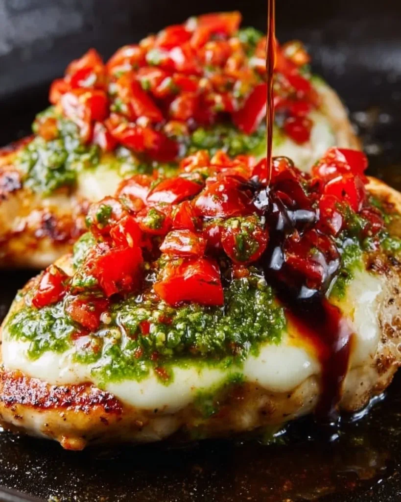 Delicious Pesto Bruschetta Chicken topped with fresh tomatoes and basil.