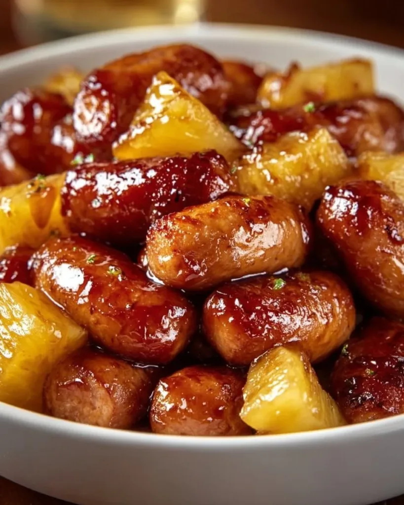 Pineapple Brown Sugar Mississippi Little Smokies appetizers on a platter
