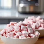 Quick strawberry shortcake puppy chow snack in a bowl