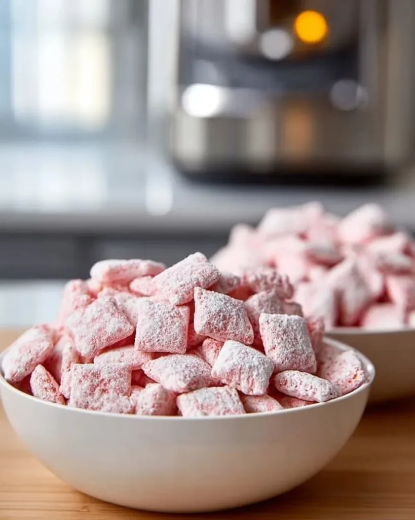 Quick strawberry shortcake puppy chow snack in a bowl